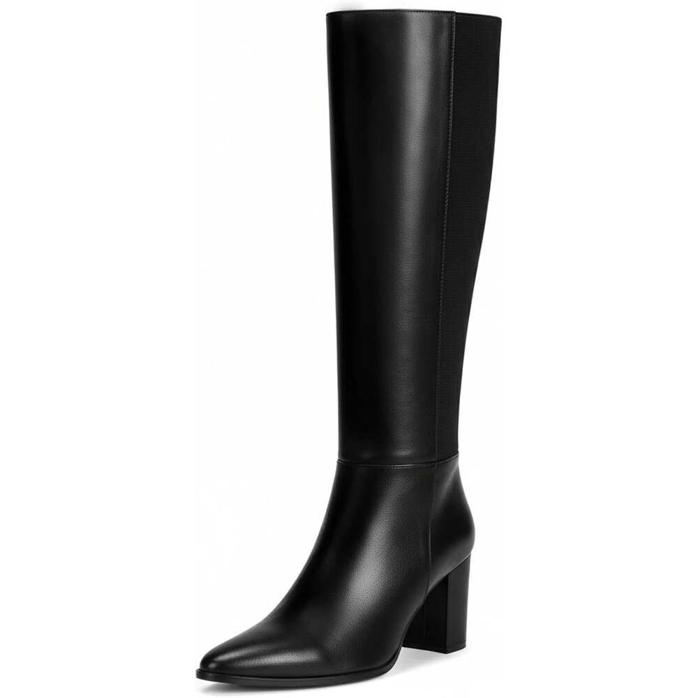 Women's Black Vipost 3.35-inch Pointed Toe Knee High Boots for Chunky Block Heel